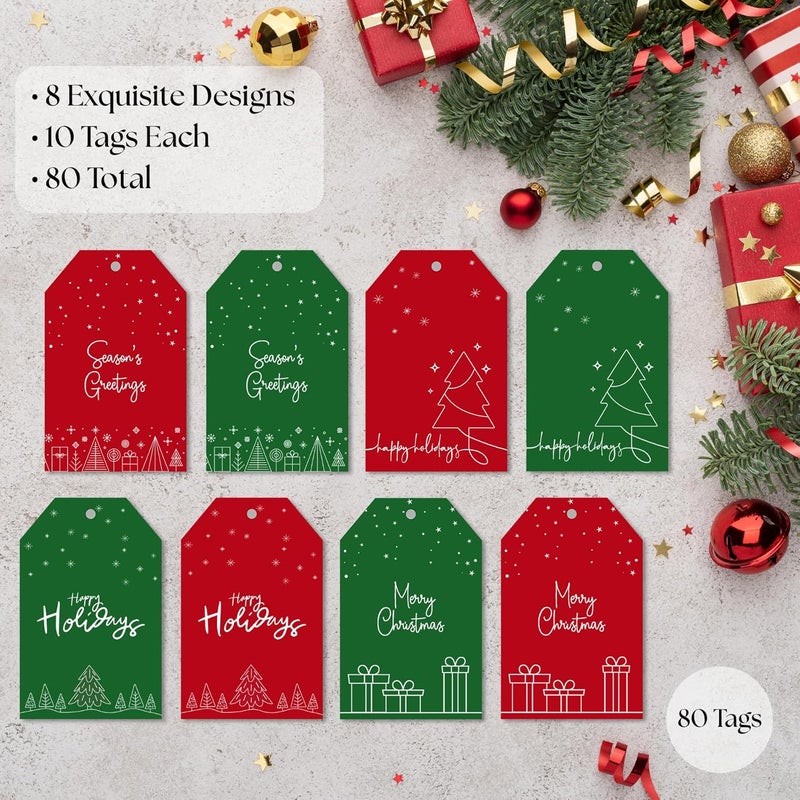 Paper Play Christmas Gift Tags with String - 80 Red & Green Holiday Tags, 8 Minimal Line-Art Designs - 350gsm Christmas Name Tags for Gifts & Presents - Image 5